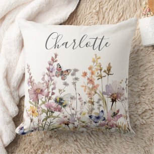 Waterverf Wilde Bloem Monogram Naam Kussen
