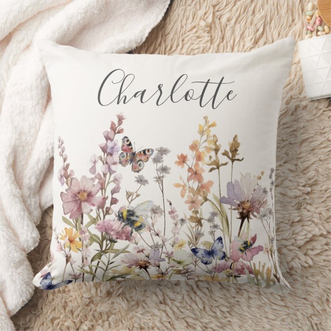 Waterverf Wilde Bloem Monogram Naam  Kussen (Deken)