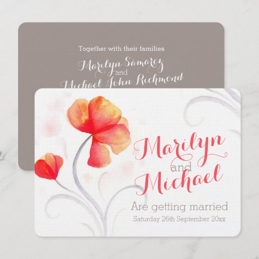 Waterverf wilde bloem oranje bruiloft uitnodigen kaart (Voorkant / Achterkant)