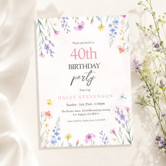 Waterverf Wilde Bloem Pastel Bloemen 40e Verjaarda Kaart