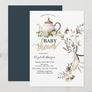 Waterverf Wilde Bloem Theepot Baby Shower Kaart