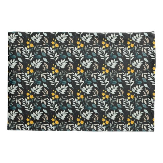 Waterverf wilde bloemen en bladeren patroon op zwa kussensloop (Achterkant-Links)