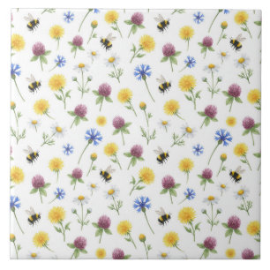 Waterverf wilde bloemen en honingbijen  tegeltje