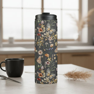 Waterverf Wilde Bloemen in Houtskoolgrijs Thermosbeker