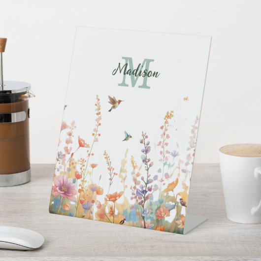 Waterverf Wilde Bloemen Monogram Gepersonaliseerde Reclamebord Met Voetstuk (Insitu)