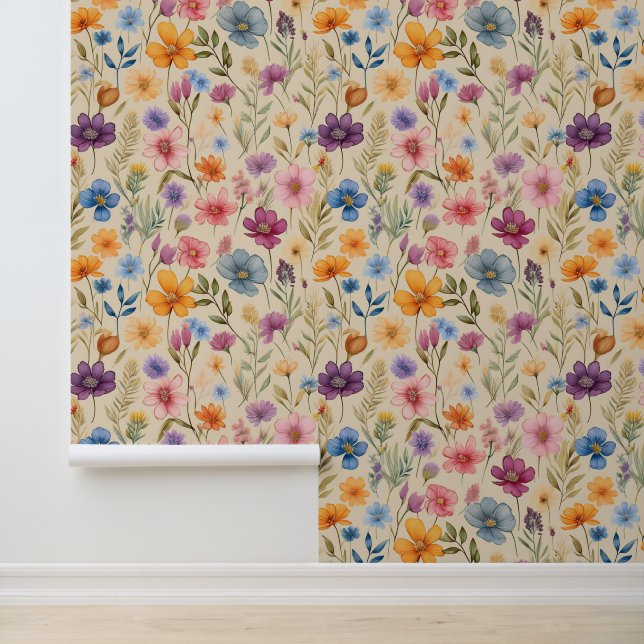 Waterverf wilde bloemen op crème behang (Applicatie)