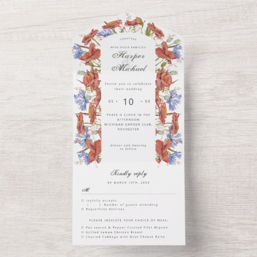 Waterverf wilde bloemen rsvp verbonden bruiloft all in one uitnodiging (Binnen)
