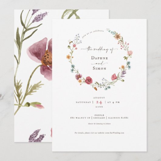 Waterverf Wilde Bloemen Script Uitnodiging (Voorkant / Achterkant)