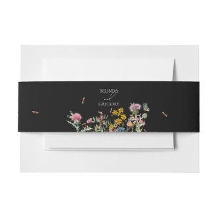 Waterverf wilde bloemen tuin bruiloft zwart Boho Uitnodigingen Wikkel