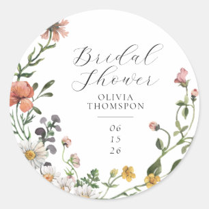 Waterverf Wilde Bloemenkrans Script Bruidsdouche Ronde Sticker