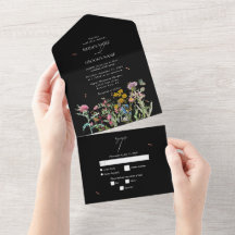 Waterverf wilde bloementuin bruiloft zwart Boho