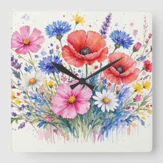Waterverf Wilde Bloemenweide Boeket Bloemschilderk Vierkante Klok