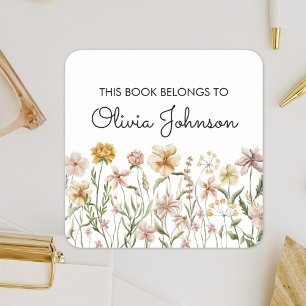 Waterverf Wilde Bloemenweide Ex-Libris Vierkante Sticker