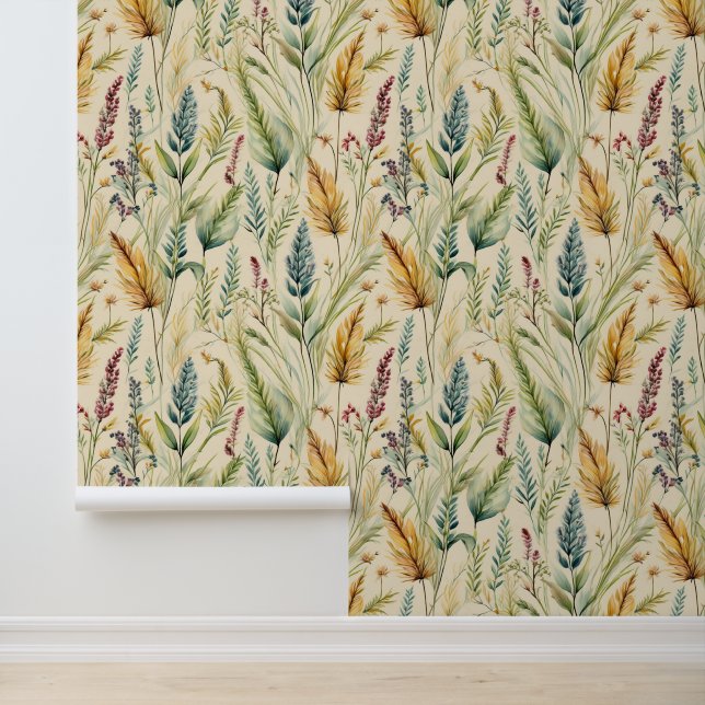 Waterverf wilde grassen op crème behang (Applicatie)