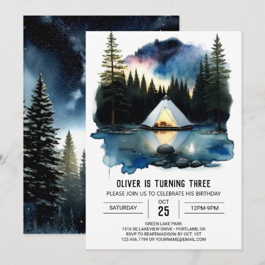 Waterverf Wilderness Camper Verjaardagsuitnodiging Kaart (Voorkant / Achterkant)