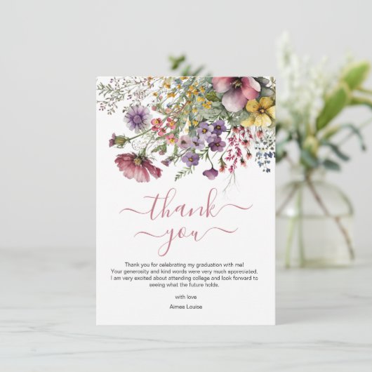 Waterverf Wildflower Afstuderen Bedankkaart (Staand voorkant)