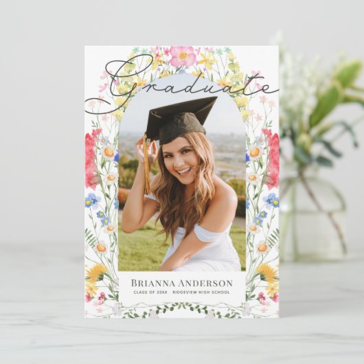 Waterverf Wildflower Arch Afstuderen Foto Kaart (Staand voorkant)