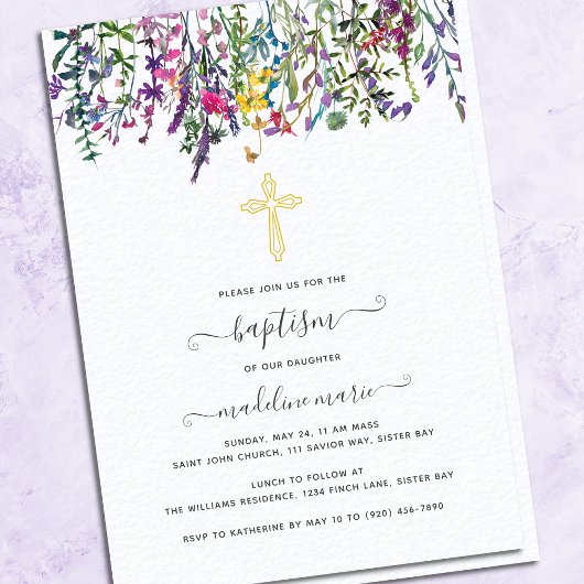 Waterverf Wildflower Baptism Invitation Kaart