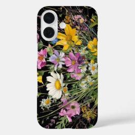 waterverf wildflower boeket op zwarte achtergrond iPhone 16 hoesje