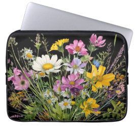 waterverf wildflower boeket op zwarte achtergrond laptop sleeve
