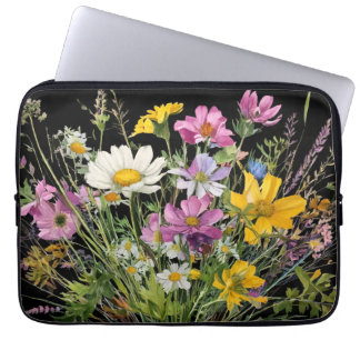 waterverf wildflower boeket op zwarte achtergrond laptop sleeve