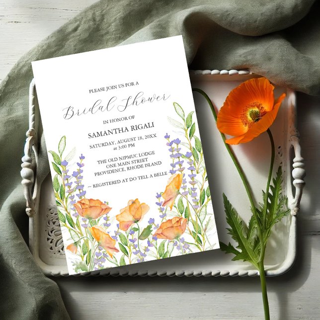 Waterverf Wildflower Bruidsdouche Uitnodigingen (Garden bridal shower invitations watercolor orange poppy flowers & botanicals Victoria Grigaliunas)