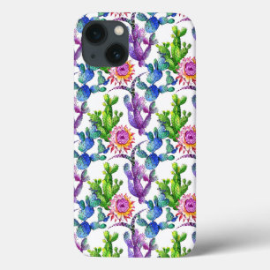Waterverf Wildflower Cactus Patroon iPhone 13 Hoesje