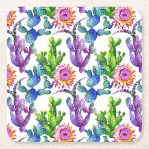 Waterverf Wildflower Cactus Patroon Vierkante Kartonnen Onderzetter