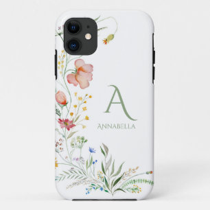 Waterverf Wildflower Custom Monogram en Naam iPhone 11 Hoesje
