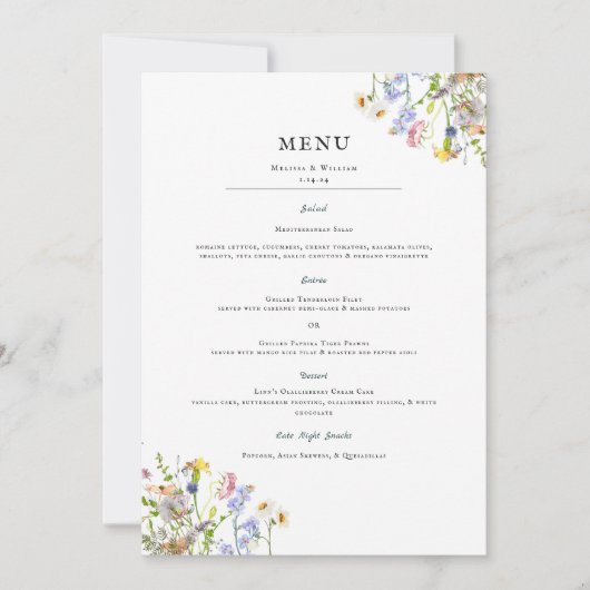 Waterverf Wildflower | Floral Wedding Menu Kaart (Voorkant)