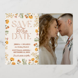 Waterverf Wildflower Ivory Bruiloft Bewaar de datu Folie Feestdagen Briefkaart