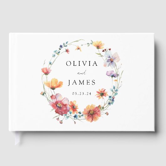 Waterverf Wildflower Krans Bloemen Bruiloft Gastenboek (Voorkant)