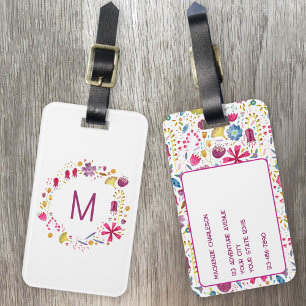 Waterverf Wildflower Krans Monogram Gepersonalisee Bagagelabel