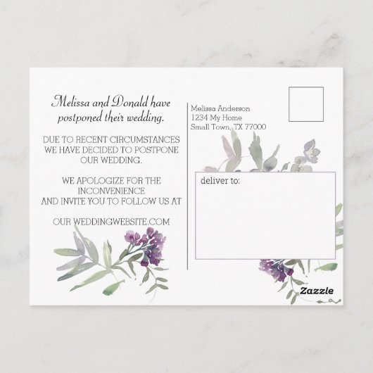 Waterverf Wildflower Lavendel Wijzig de datum Briefkaart (Achterkant)