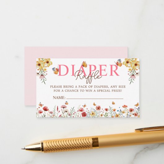 Waterverf Wildflower Luier Raffle Baby shower Informatiekaartje (Voorkant / Achterkant in situ)