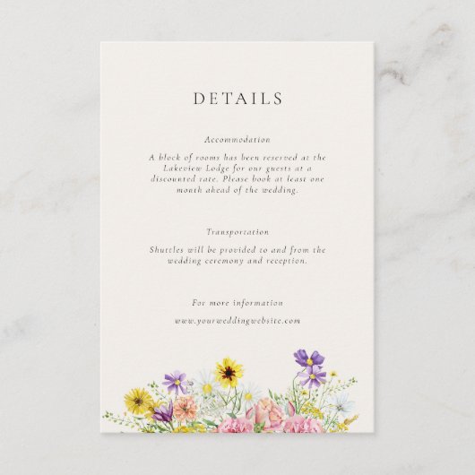 Waterverf Wildflower Meadow Bruiloft Details Informatiekaartje (Voorkant)