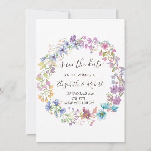 Waterverf Wildflower Meadow krans Bewaar de datum Save The Date (Voorkant)