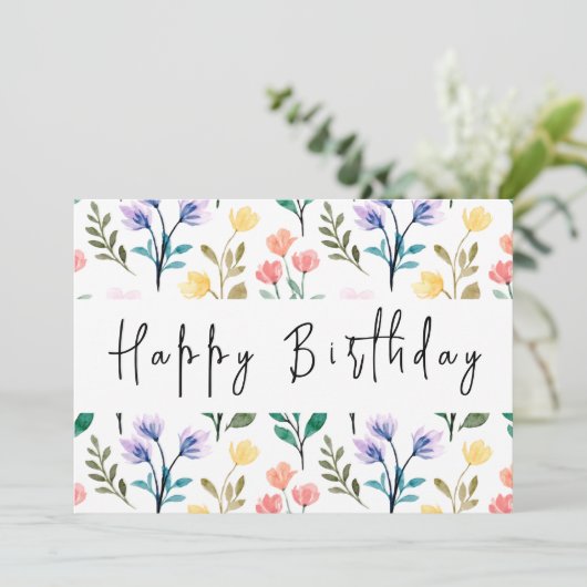 Waterverf Wildflower Modern Script Happy Birthday Kaart (Staand voorkant)