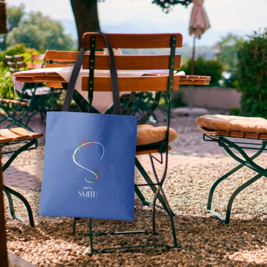 Waterverf Wildflower monogram wit rood blauw Draagtas