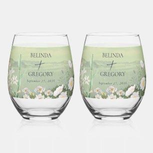 Waterverf Wildflower Mountain Landscape Wedding Wijnglas Zonder Voet