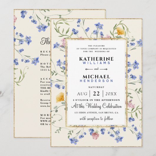Waterverf Wildflower QR Code Details RSVP Wedding Kaart (Voorkant / Achterkant)