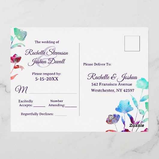 Waterverf Wildflower Script Bruiloft RSVP Gold Folie Uitnodiging Briefkaart (Achterkant)