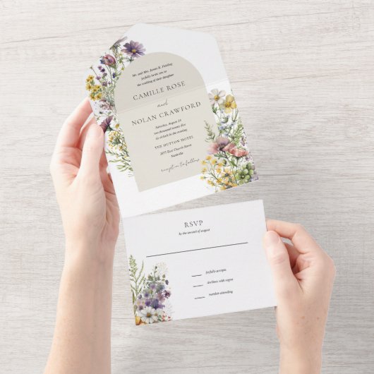 Waterverf Wildflower Tuin Boog Bloemen Bruiloft All In One Uitnodiging (Afscheurbaar)