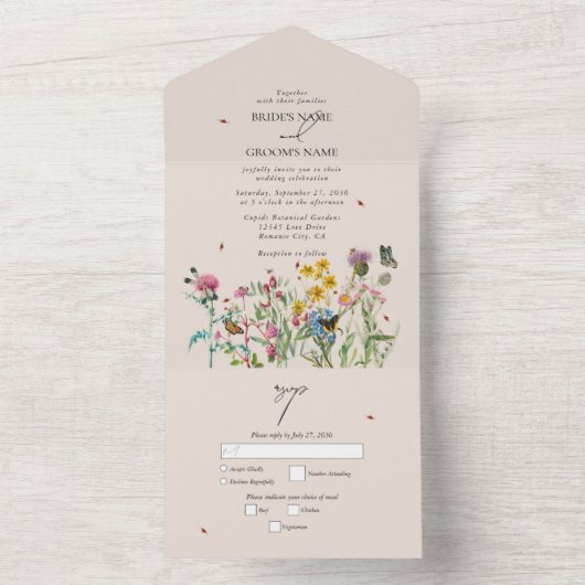 Waterverf Wildflower Tuin & Insecten Bruiloft Inv All In One Uitnodiging (Binnen)