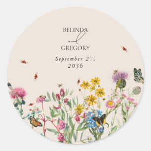 Waterverf Wildflower Tuin & Insecten Bruiloft Ronde Sticker