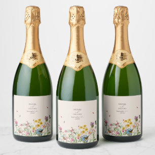 Waterverf Wildflower Tuin & Insecten Bruiloft Sparkling Wijnetiket