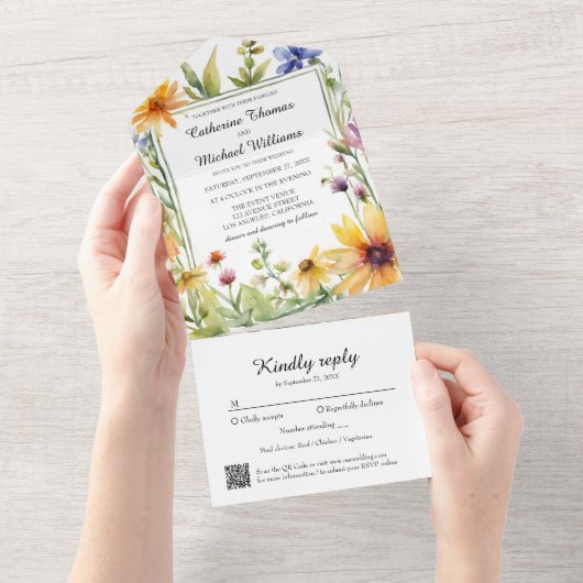 Waterverf Wildflower Tuin Lente Bruiloft QRCode All In One Uitnodiging (Afscheurbaar)