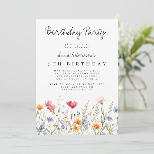 Waterverf Wildflower Verjaardagsfeest Kaart (Staand voorkant)