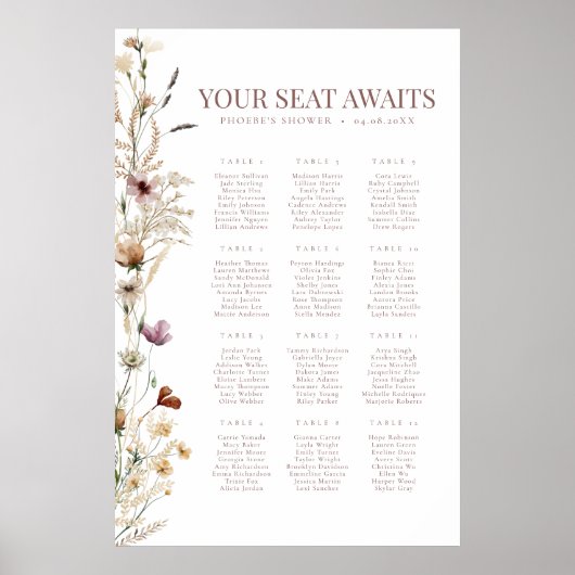 Waterverf Wildflower Vrijgezellenfeest Zitkaart Poster (Voorkant)