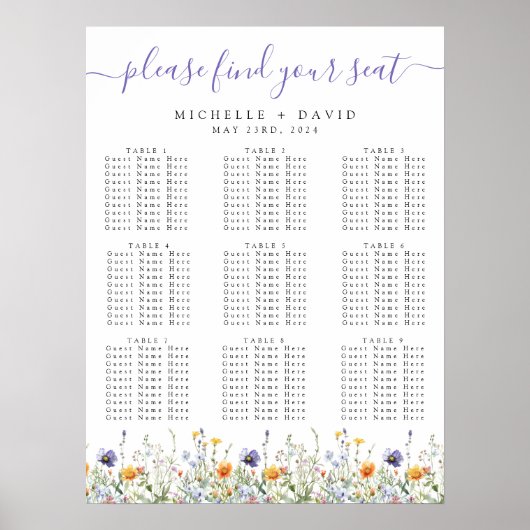 Waterverf Wildflower Wedding Seating Chart Poster (Voorkant)